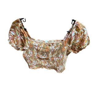 Aerie Peasant Square Neck Smocked Top With Floral Pattern & Puff Sleeves Size L